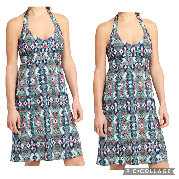ATHLETA Pack Everywhere Halter Dress NWT Geometric Print Pocket Women’s Sz 10 - Picture 1 of 11
